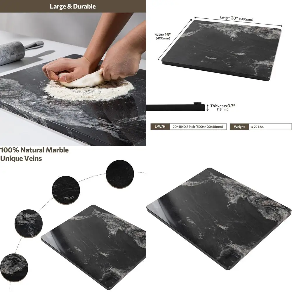 เขียงหินอ่อนสีดำธรรมชาติขนาด 16x20 นิ้ว พร้อมฐานกันลื่นสำหรับใช้ในครัว - เหมาะสำหรับการอบขนม ชีส และช็อคโกแลต