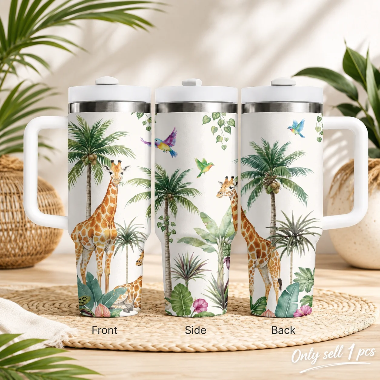Tropical Giraffe Family Jungle Vacuum Flasks 40oz Stainless Steel Insulated Tumbler With Handle & Straw Leakproof Travel Mug