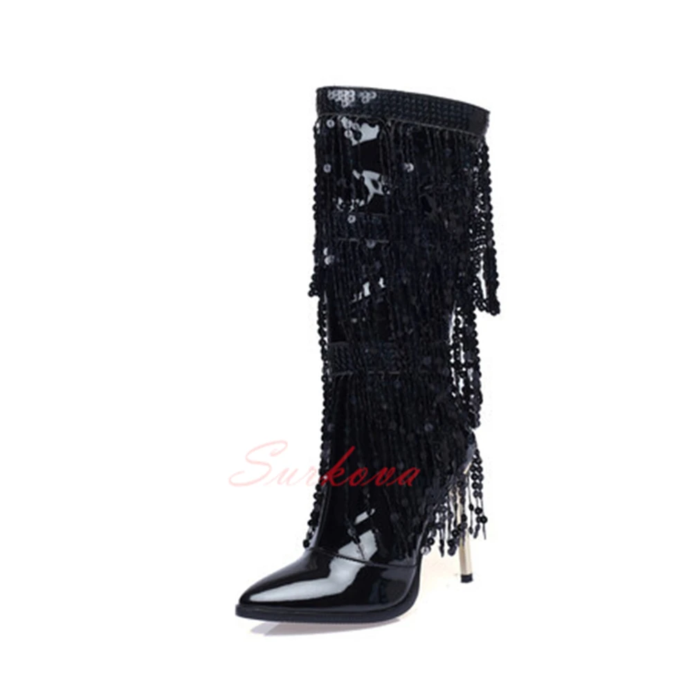 Blingbling Sequin Tassel High Heel Women Boots Laser Patent Leather Couture Mid Calf Boots Point Toe Stiletto Latin Dance Shoes