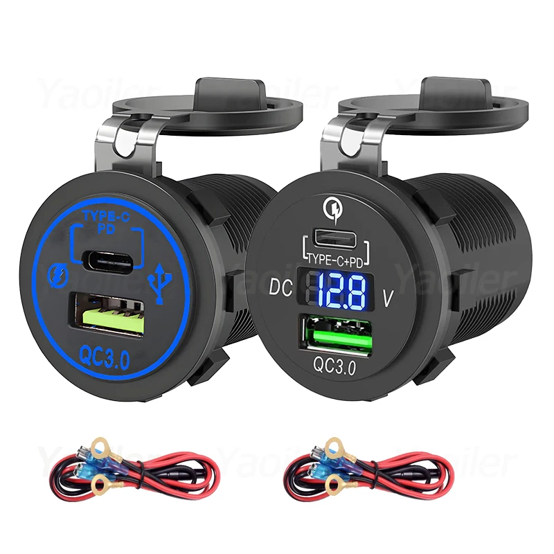 

48W USB C Car Charger Socket 12V/24V USB Socket PD Type-c+QC3.0 Car USB Port with Voltmeter Car Fast Charge Adapter Power Outlet