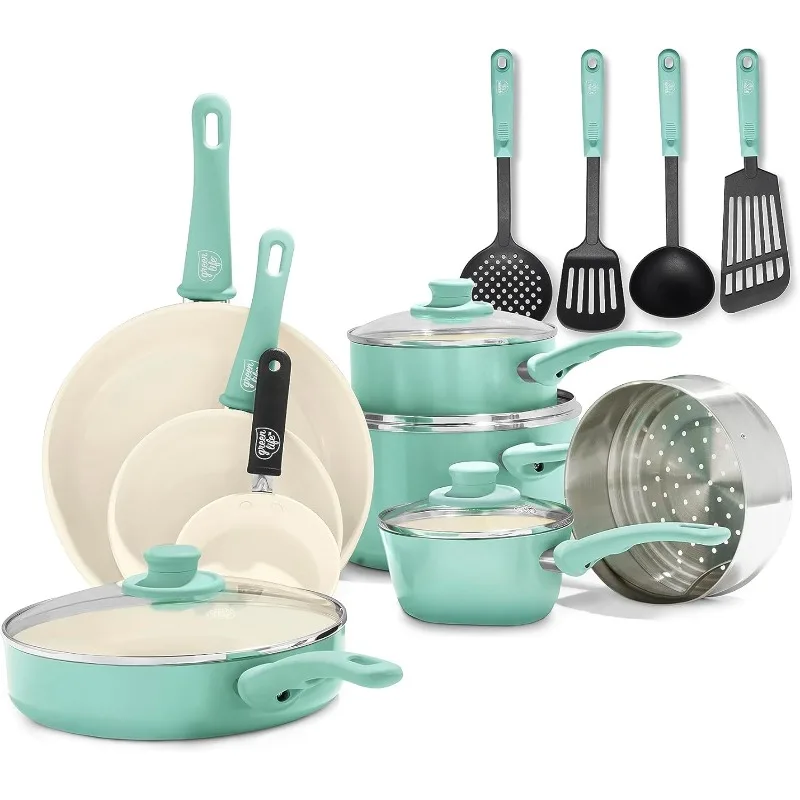 GreenLife Soft Grip 16 Piece Cookware Set, Non-Toxic PFAS-Free Ceramic Nonstick, Pots, Frying, Sauce, Saute, Glass Lids