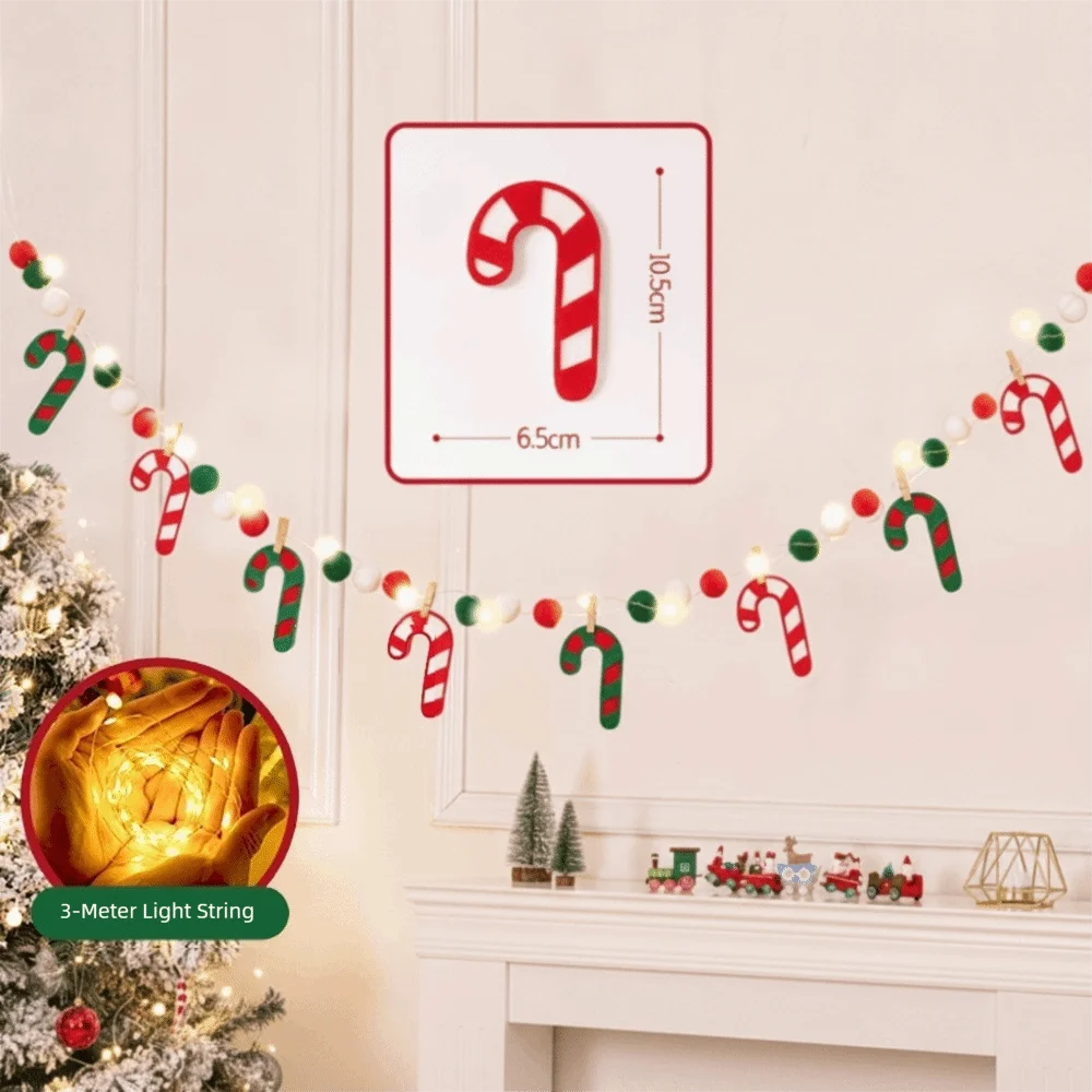 Seasonal Decor Felt Christmas Banner DIY Handmade Furry Balls LED String Light Decorated Flag Banner Home Room