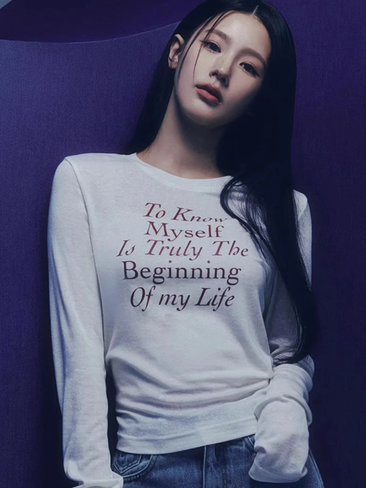 EXJR Kim Tae Yeon Summer Letter Silk Wool Long Sleeve Women's T-shirt UV Protection White Base Top Thin Casual Style