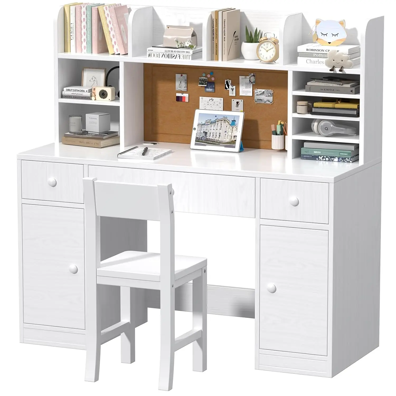 

Деревянный детский учебный стол и стул Lvory White 48x20 дюймов, 3 ящика и 4 шкафа для хранения, детский стол с 4 открытыми ящиками