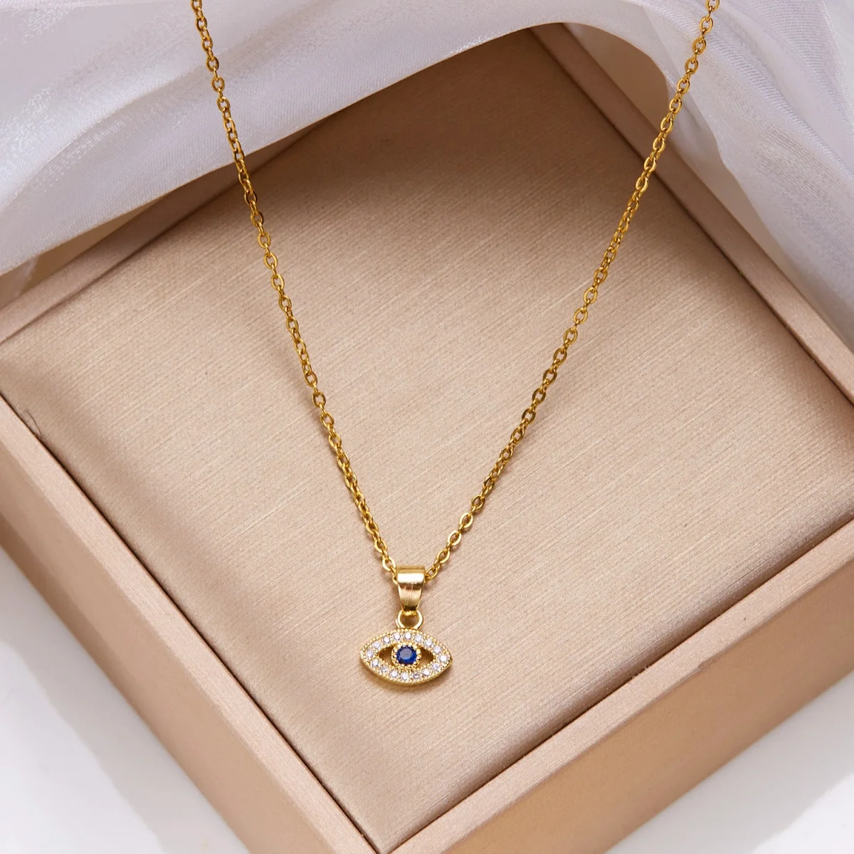 Türkisches blaues Auge-Anhänger-Halsband aus Edelstahl für Damen und Herren, minimalistischer Zirkon-Dämonenauge-Choker, glücksträchtiger, ästhetischer Schmuck – Detail 6