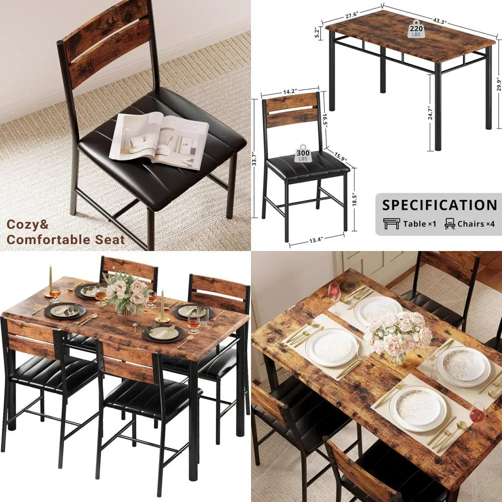 

Rustic Brown Wooden Dining Set for 4 with Upholstered Chairs for Small Kitchen Spaces