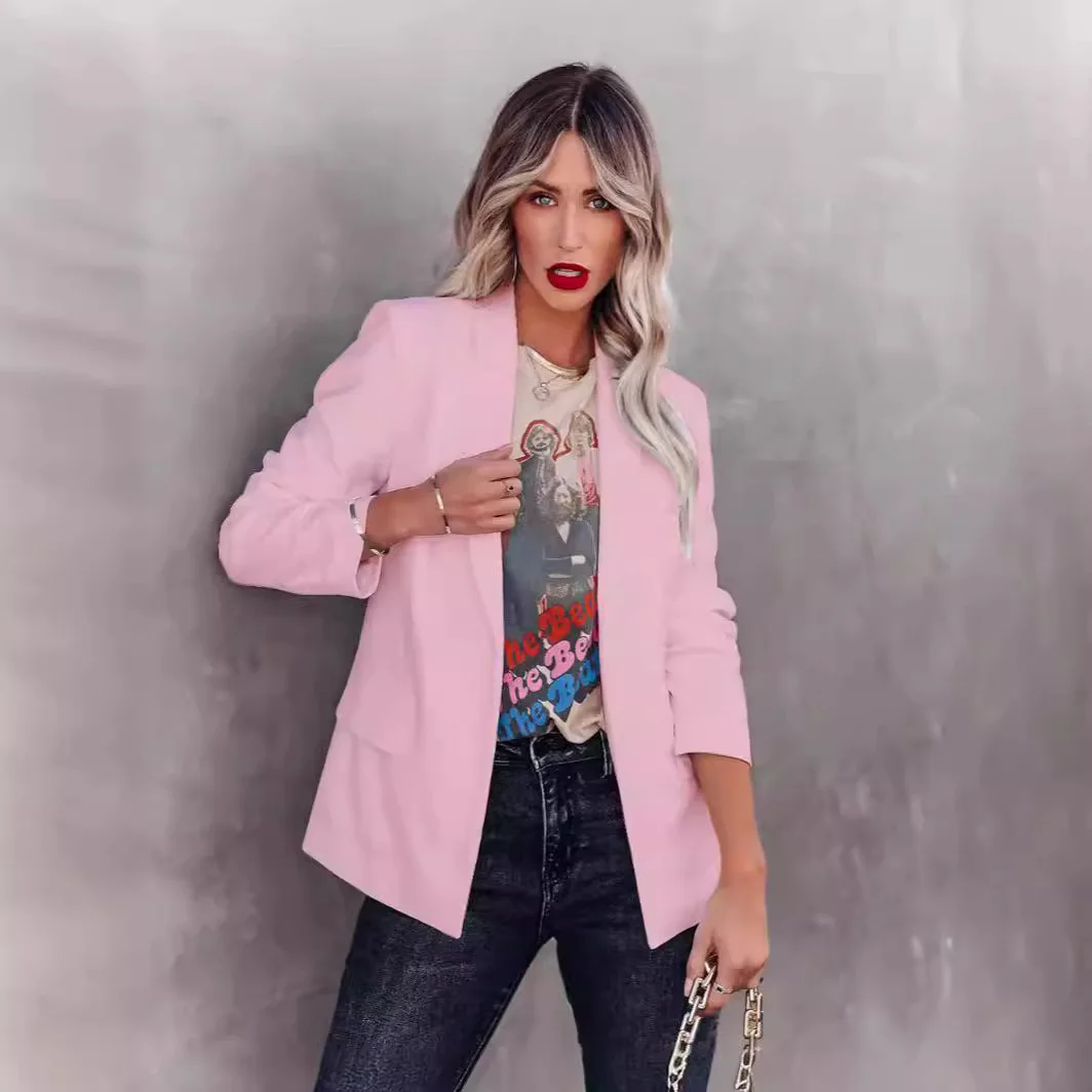 Women's Blazer Long Sleeve Solid Color Commuter Office Coat Professional Fit Fake Pocket Cardigan Jacket for Female