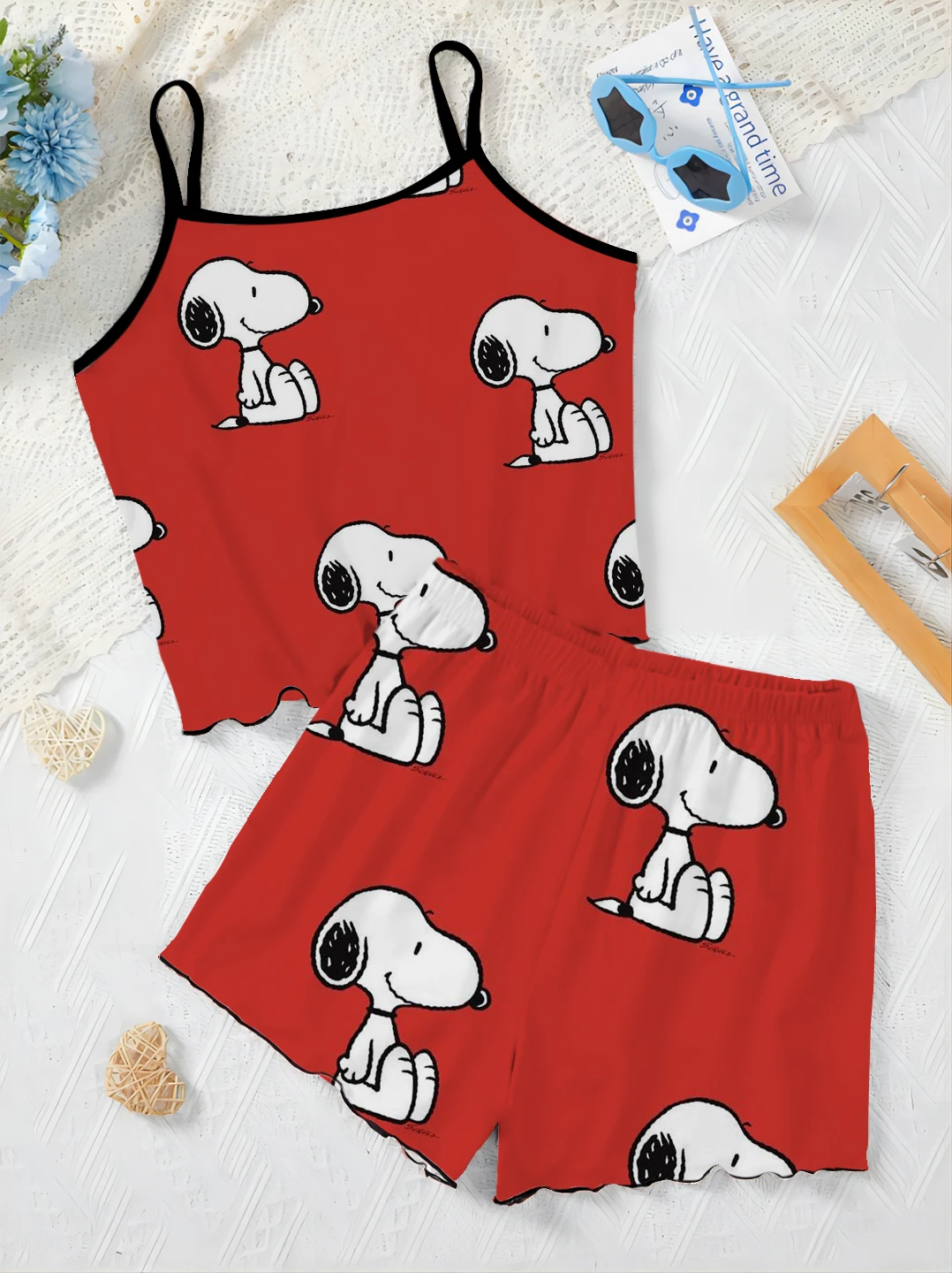 Dame Sets für Frauen 2 Stück Damen Anzug Top Home Kleid Salat Trim T-Shirt Pyjama Rock Snoopy kurze elegante Slip Kleid Top