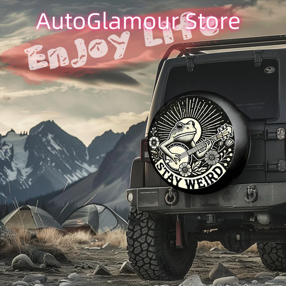 Bohemian Style Frog Guitarist Tire Cover, Universal Windproof Wheel Protector for Trailers, RVs, and Travel, Polyester Spare Tir