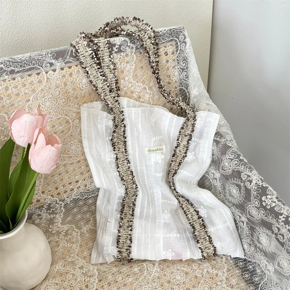 Spring/Summer Canvas Bag with Floral Woven Strap Design, Textured Large-Capacity Shoulder Bag, Portable Underarm Bag