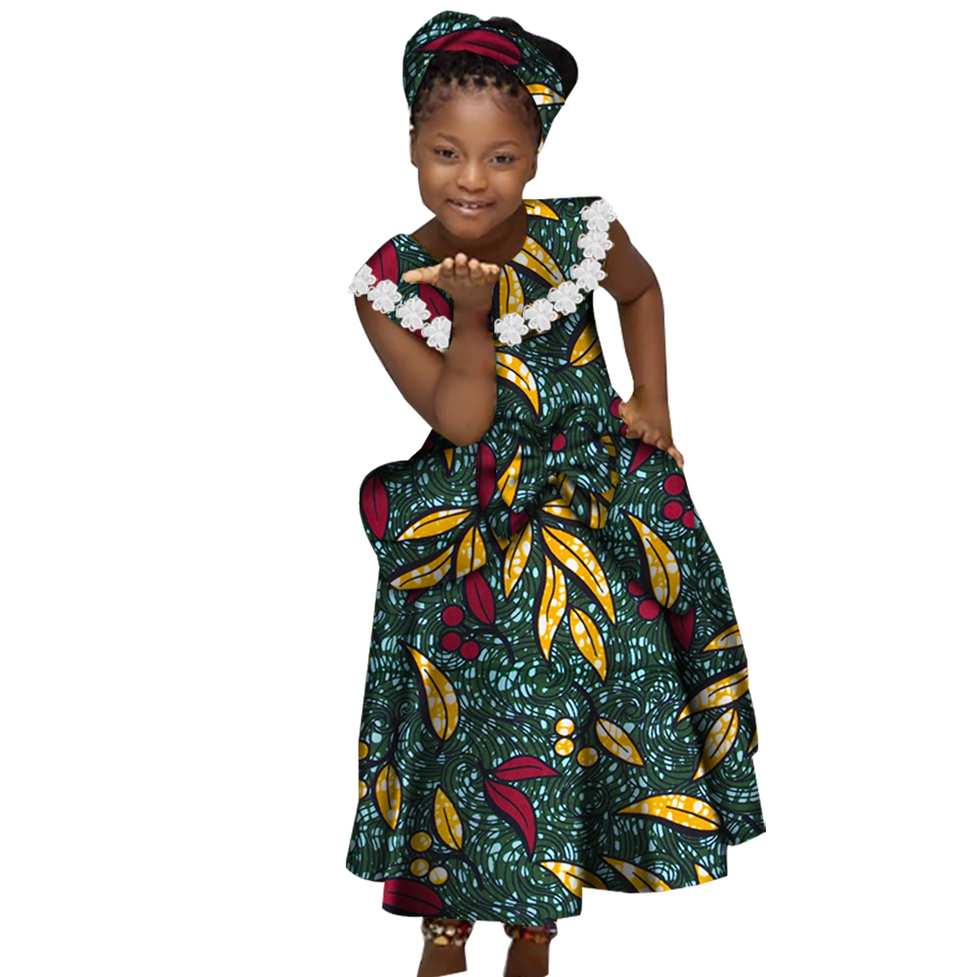 African Dresses for Little Girls Pleated Skirt Gifted Hair Band Lovely Girl Clothing with Big Bow Custom Size Clothes  WYT538