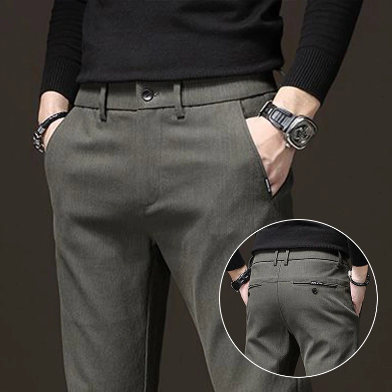 

Men Fake Denim Ankle Length Cropped Suit Pants Male Loose Straight Blazer Pants Casual Minimalist Army Green Dark Grey Trousers