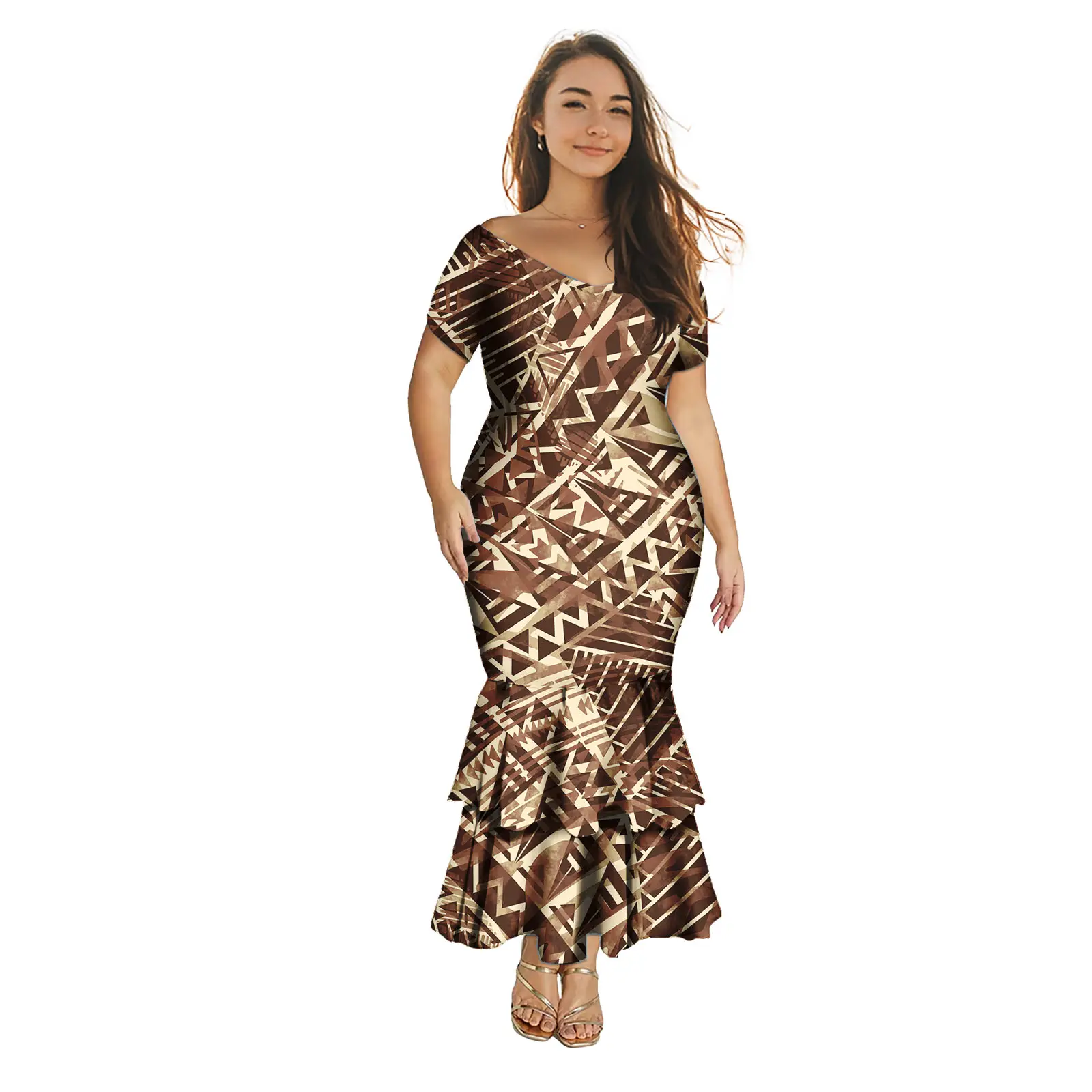 

Samoan Mermaid Dress Polynesian Tribal Clothing Tapa Masi Cloth Flower Print Custom Cocktail Dresses Formal Elegant