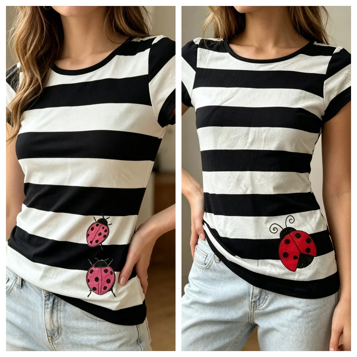 Black White Striped Round Neck Short Sleeve Tee Pink Ladybug Graphic Slim Stretchy Casual Summer Basic Street Fitted T Shirt Top