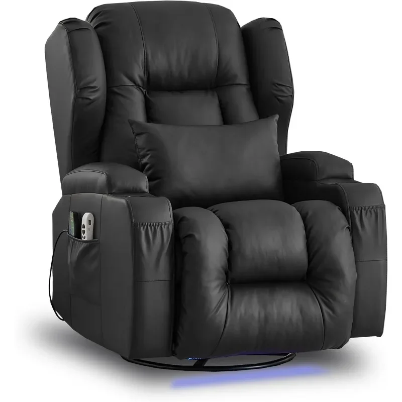 Power Recliner Chair, Faux Leather Swivel Rocking Chair with Vibrating Massage and Heating Nursery Glider Chair