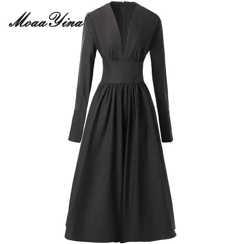 

MoaaYina Women's Elegant Autumn Winter Streetwear Dress Fashion V-Neck Long-Sleeved High waist Basic Black/White Dresses