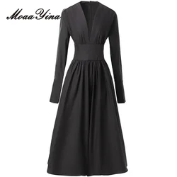 MoaaYina Women's Elegant  Autumn Winter Streetwear Dress Fashion V-Neck Long-Sleeved High waist Basic Black/White Dresses