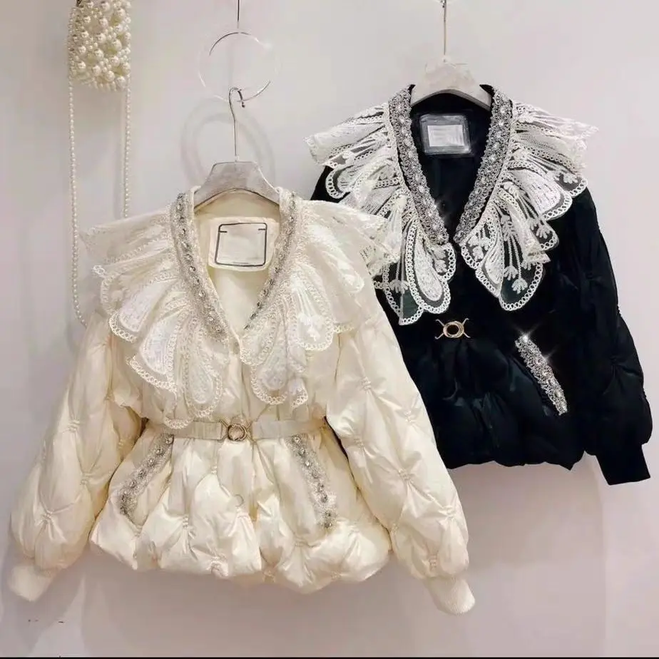 Luxury Diamonds Women Wadded Jacket Korea Beading V-neck Lace Long Sleeve Cotton-padded Coat Elegant Fairy Loose Down Jacket