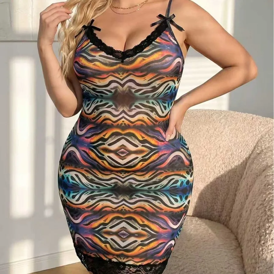 

【New style】 direct supply of sexy leopard pattern lace splicing, comfortable elastic women's sling sleeping dress, large size.