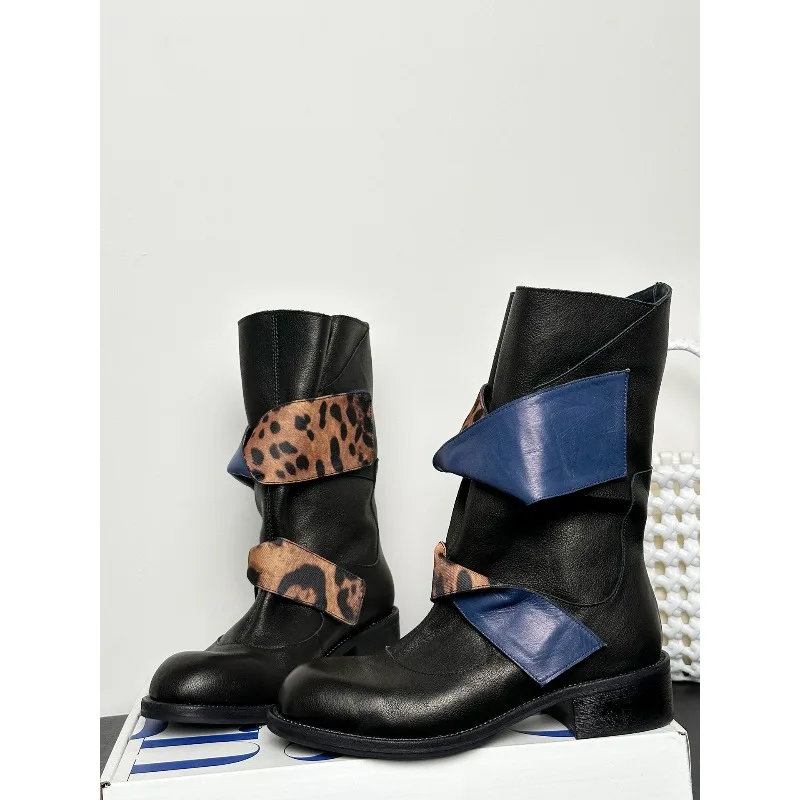 Handmade Knight Boots Women's Shoes Fashion Genuine Leather Comfortable Casual Mid-Calf High Top Motorcycle Boots Female