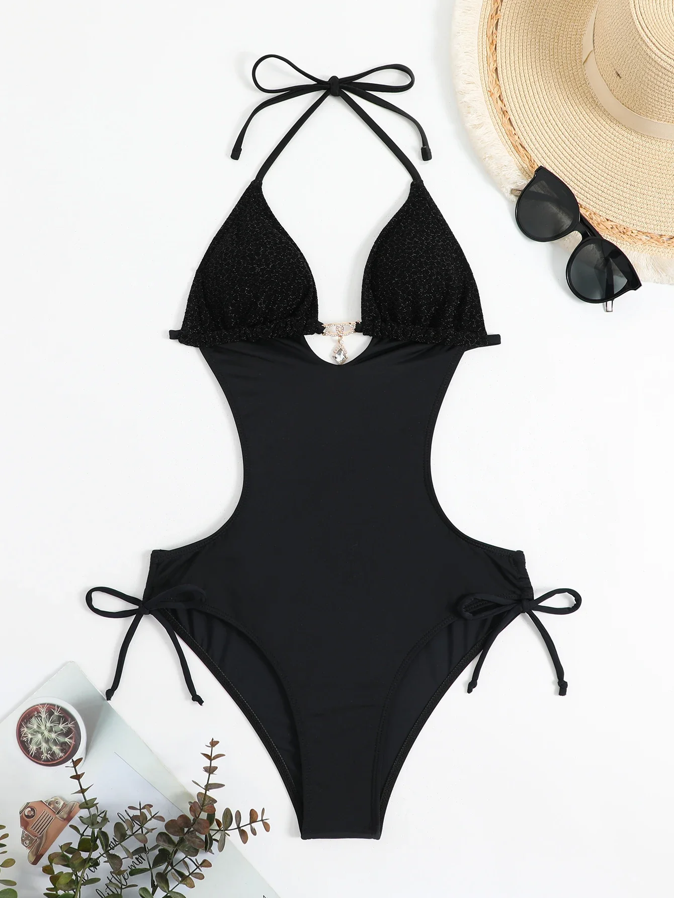 Sexy Black Swimwear Trikini Women Push Up Lace Up Backless One Piece Swimsuit Summer Bathing Suit Swimming Suit Momokini 2024