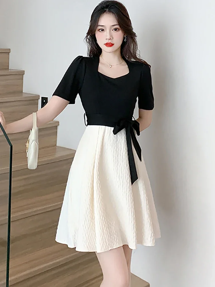 2024 White Patchwork Black Chic Bow Midi Dress Summer Short Sleeve Sqaure Collar Casual Dress Women Korean Elegant Party Vestido