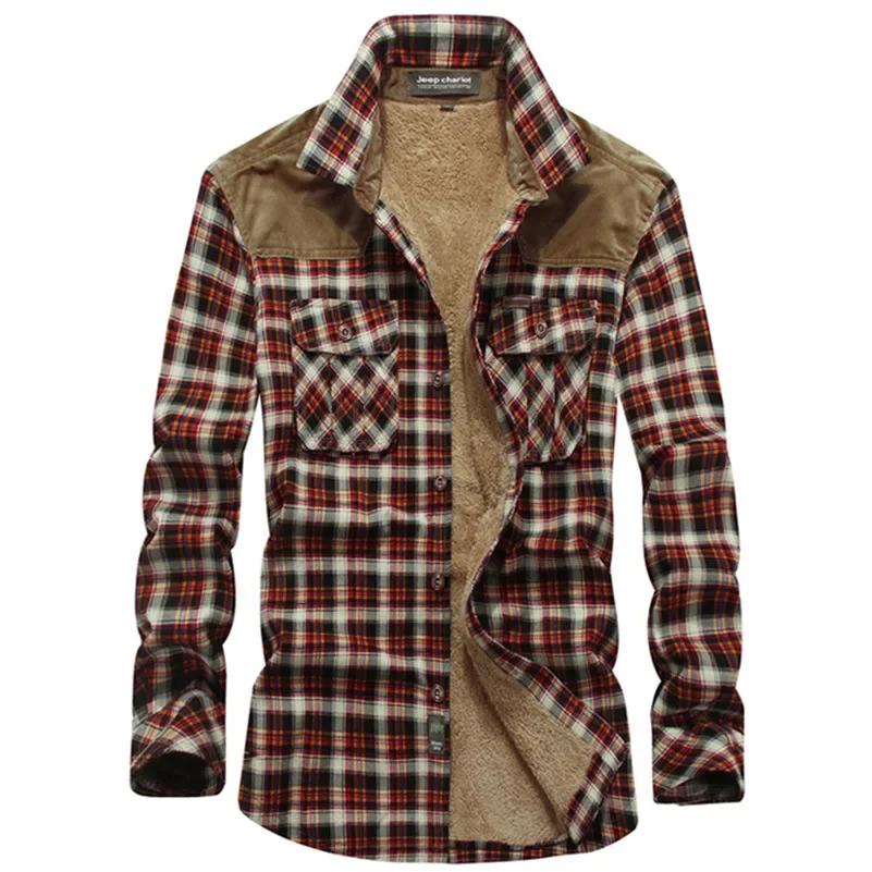 Men Winter Shirts Jackets Fleece Warm Plaid Shirts Coats High Quality Men Cotton Fit Business Casual Outerwear Shirts Jackets 4