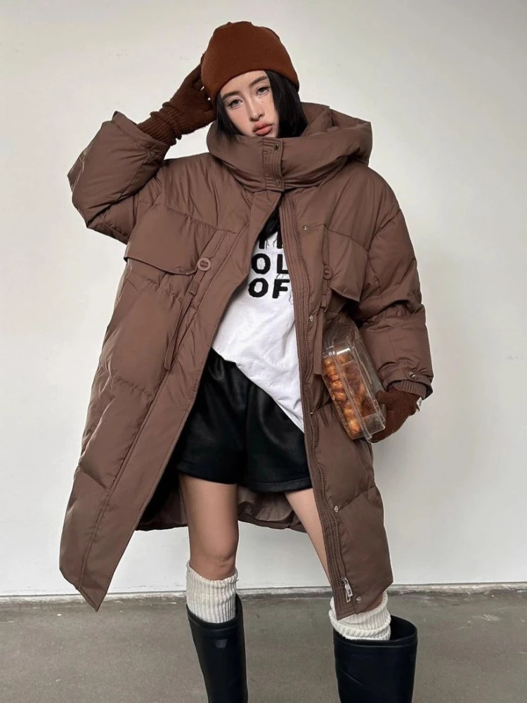 2025 Winter New Long Windproof Down Jacket Women Loose Korean Style Loose Over-The-Knee Parkas Hooded Warm Thickened Coat Lady