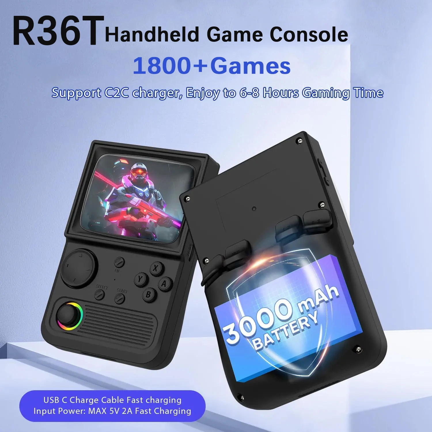 Blue new R36T  Retro Handheld Game Console 3.5 Inch IPS Screen 27+Emulators 18000+ Classic Games Portable Pocket Video Game Cons