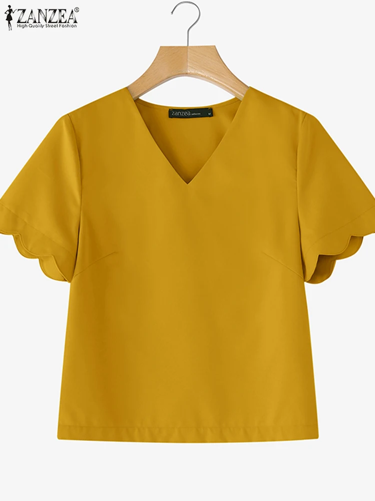 ZANZEA Zomer Vrouwen Elegante Blouse 2025, Mode Korte Bladerdeeg Mouwen Tuniek Tops Casual Losse Effen Kleur OL Blusas Femininas