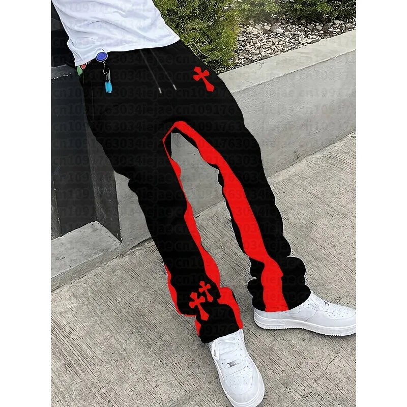 Men's Kid Athletic Pants - Black & White Color-Blocked Cross Pattern Print Comfortable Long Pants for Streetwear & Casual Wear
