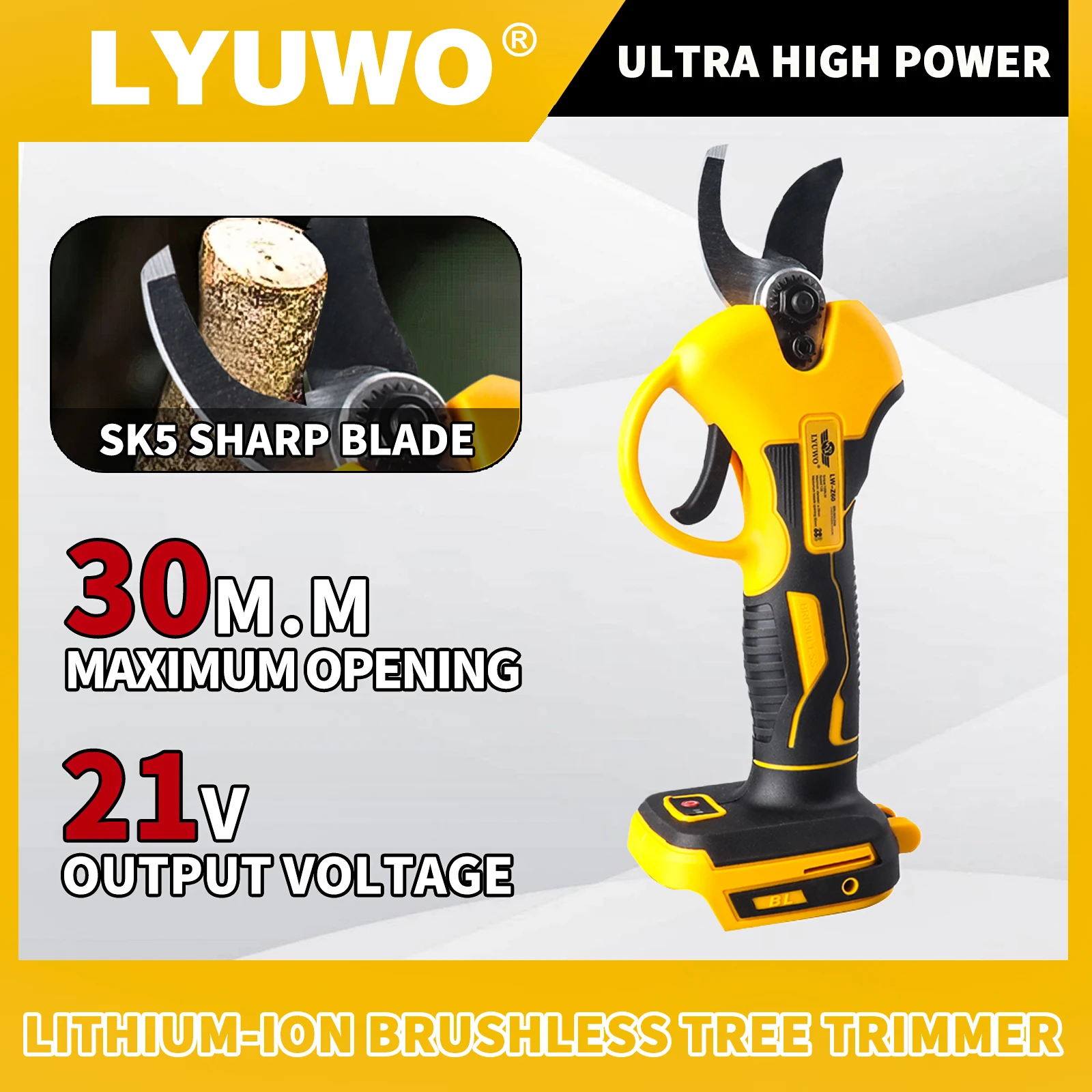 LYUWO 18V Cordless Electric Pruning Shears with Brushless Motor, Compatible with MT battery, SK5 Steel Blade Garden Branch