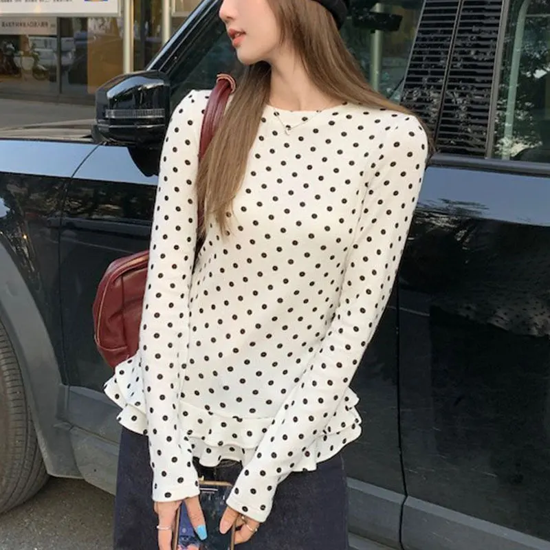 

Sweet Polka Dot Long Sleeve T-shirts Spring Autumn Stylish Folds Spliced Women's Clothing Casual Round Neck Basic Slim Pullovers