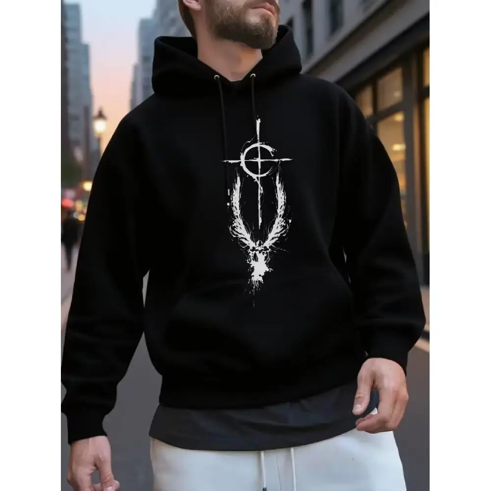 CLOOCL  Autumn and Winter Fashion Men's Hoodie Gothic Wing with Wing Cross Pattern Print, Essential for Home and Outdoor Leisure
