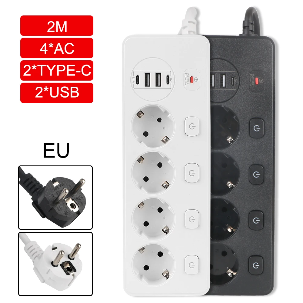 2-USB 2-Type C 4 Way Outlets Independent Switch Power Strip Overload Protection EU Plug Electrical Extension Socket 2m Cord