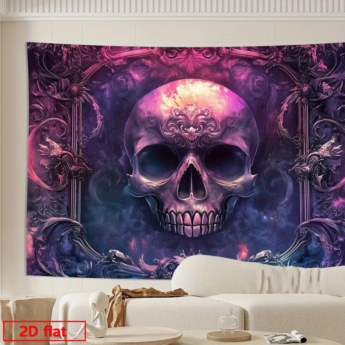 Large Gothic Skull Tapestry Wall Hanging Decor Purple Nebula Cosmic Skeleton Art Macabre Polyester Print for Room Home Bohemian