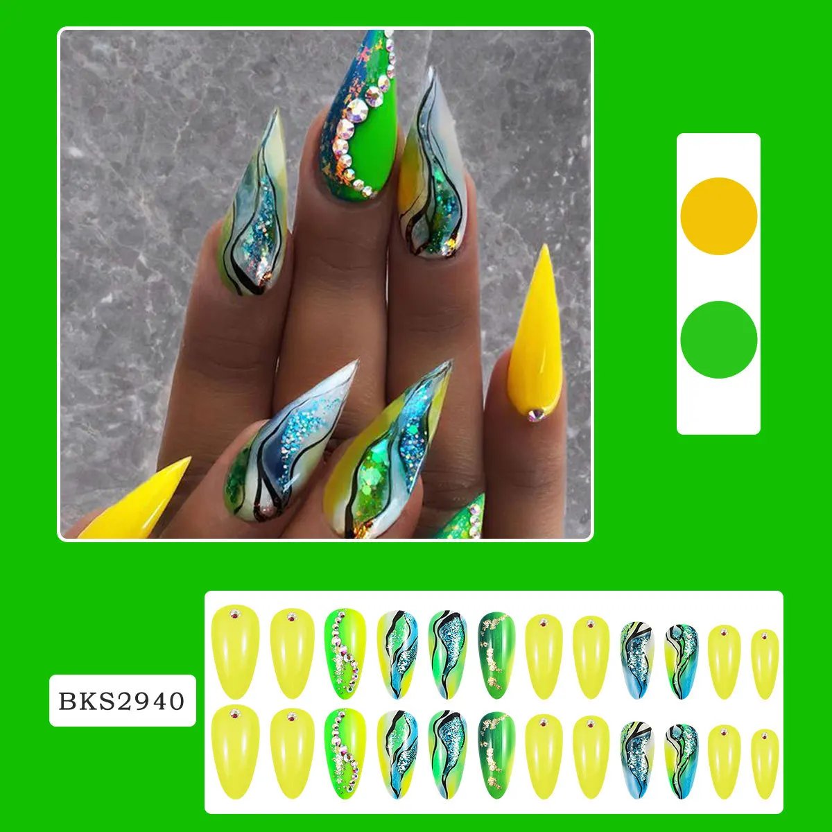 Bling Glitter Stick on False Nails with Rhinestone Press on Nails Long Stiletto Fake Nails Almond Sharped Glossy Glue on Nails