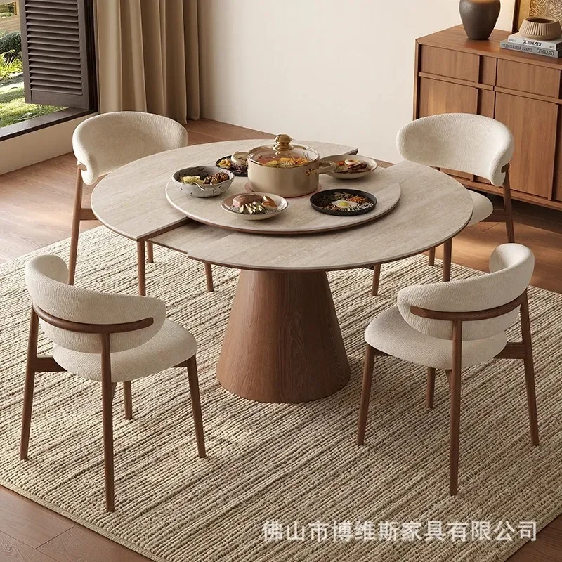 Medieval Style Telescopic Travertine Dining Table with Hidden Induction Cooker and Turntable Solid Wood for Small Apartment