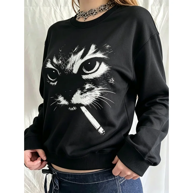 Unisex Autumn Loose Casual Waffle Long Sleeve T Shirt Funny Meme Smoking Cat Face Pattern Vintage Cat Lover Gift Tee Top
