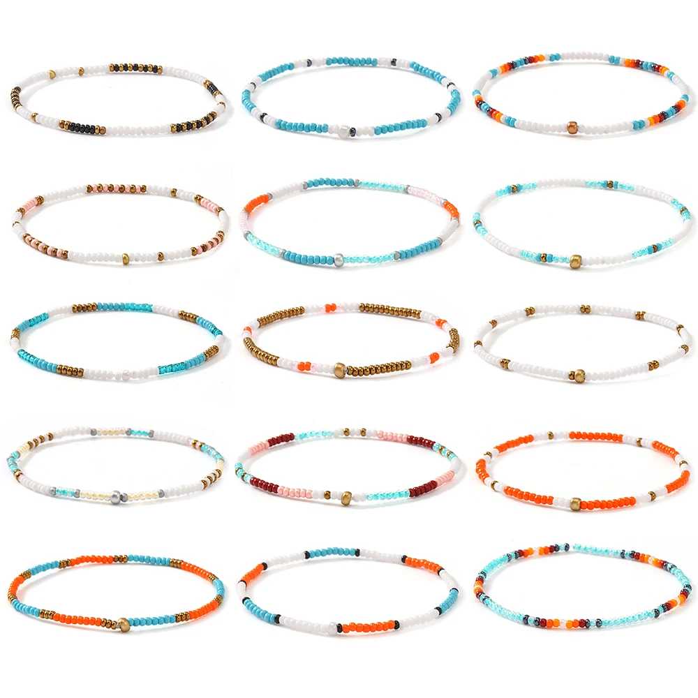 مجموعة أساور خرز البذور الملونة المصنوعة يدويًا مكونة من 15 قطعة للنساء والفتيات، مجوهرات الصداقة المرنة المزخرفة بالخرز إكسسوارات الصيف والشاطئ