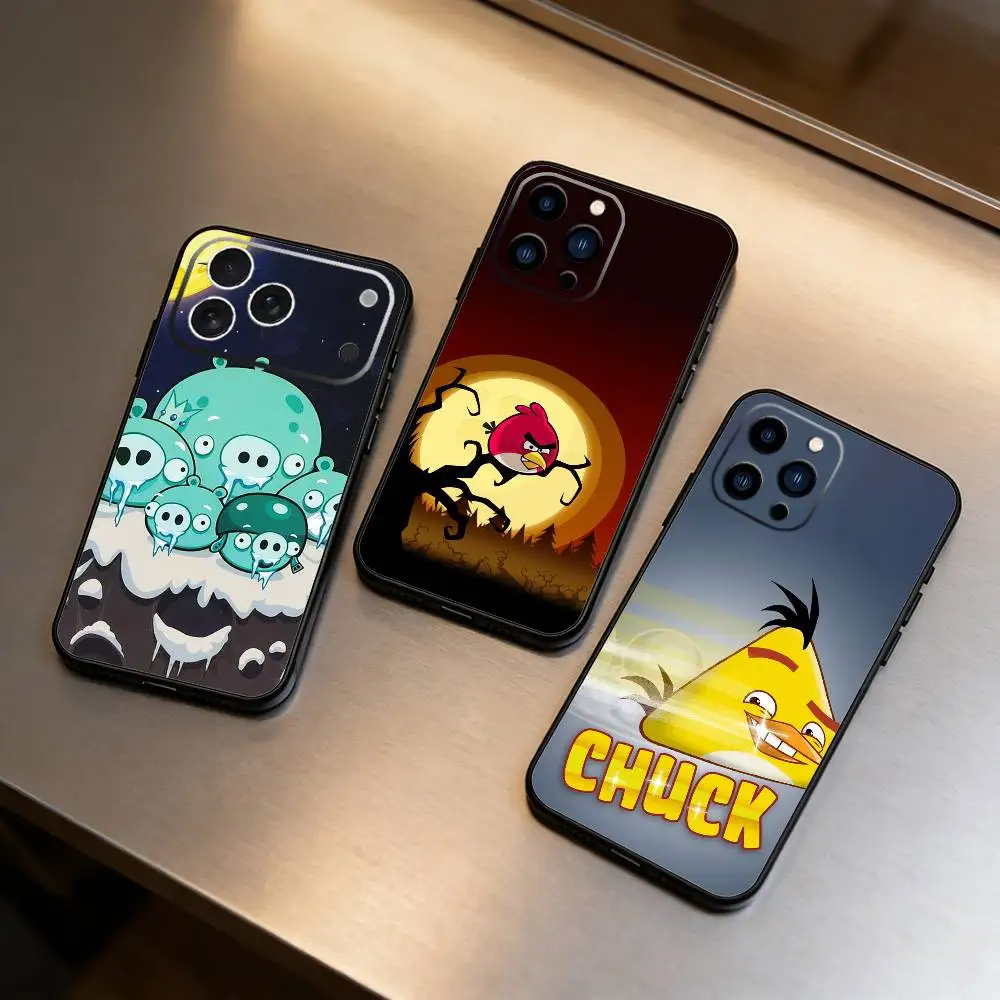 

W-Angry Birds Phone Case For iPhone 17 16 15 14 13 12 Max Plus Silicone Black Cover