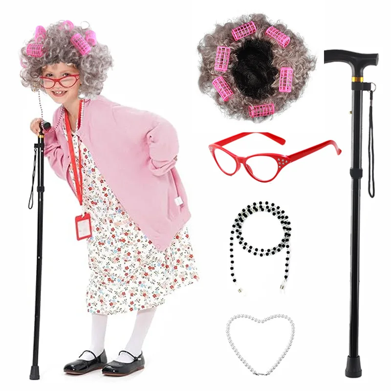 5 Pezzi Set Costume da Vecchia Signora Costume da Vecchio Costume da Nonna per Bambini Halloween Anni '20 Gatsby Parrucca da Vecchia Signora Costume da Nonna