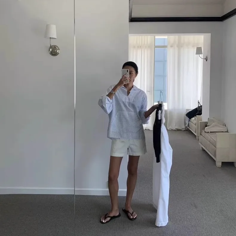 2025年夏新作 スレノティング ライトブルー チェック柄 ロングスリーブ 薄手コットンフランネル 日焼け防止 ビジネスカジュアル レディース...