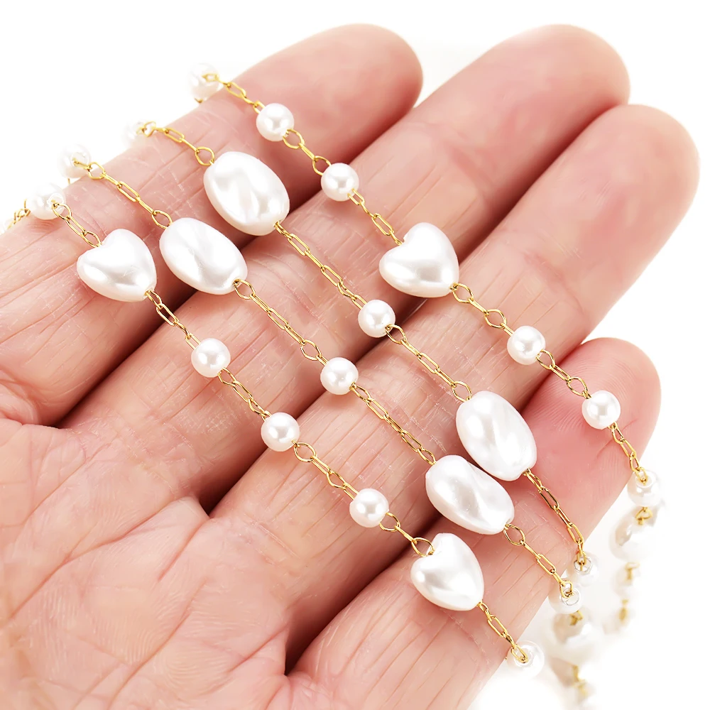 1 Meter Artificial Heart Pearl Beaded Stainless Steel Chains for DIY Fancy Necklaces Bracelets Jewelry Gifts Accessories Making