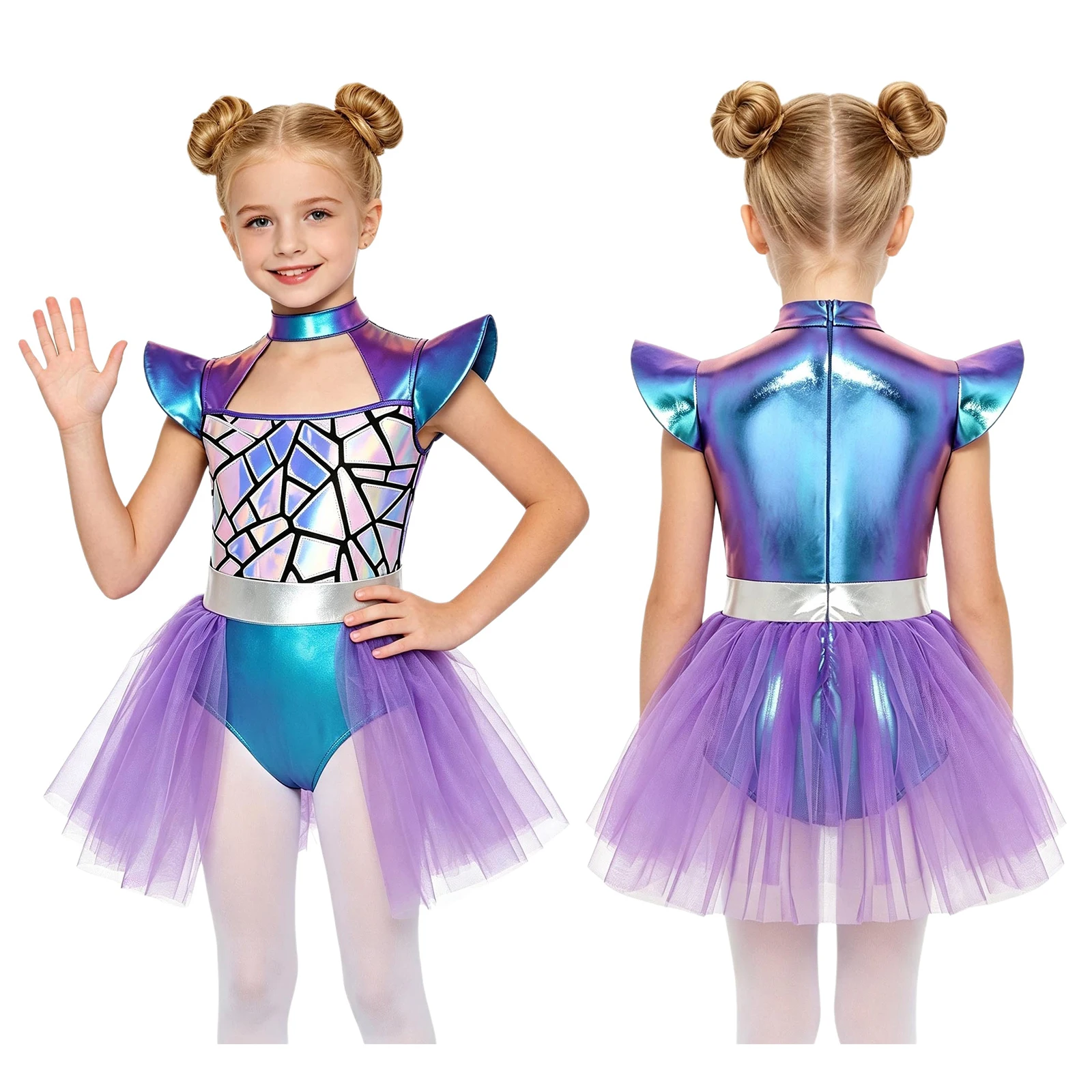 Girls Metallic Shiny Alien Robot Space Cadet Costume Cap Sleeve Sequin Ballet Dance Tutu Leotard Dress for Halloween Theme Party