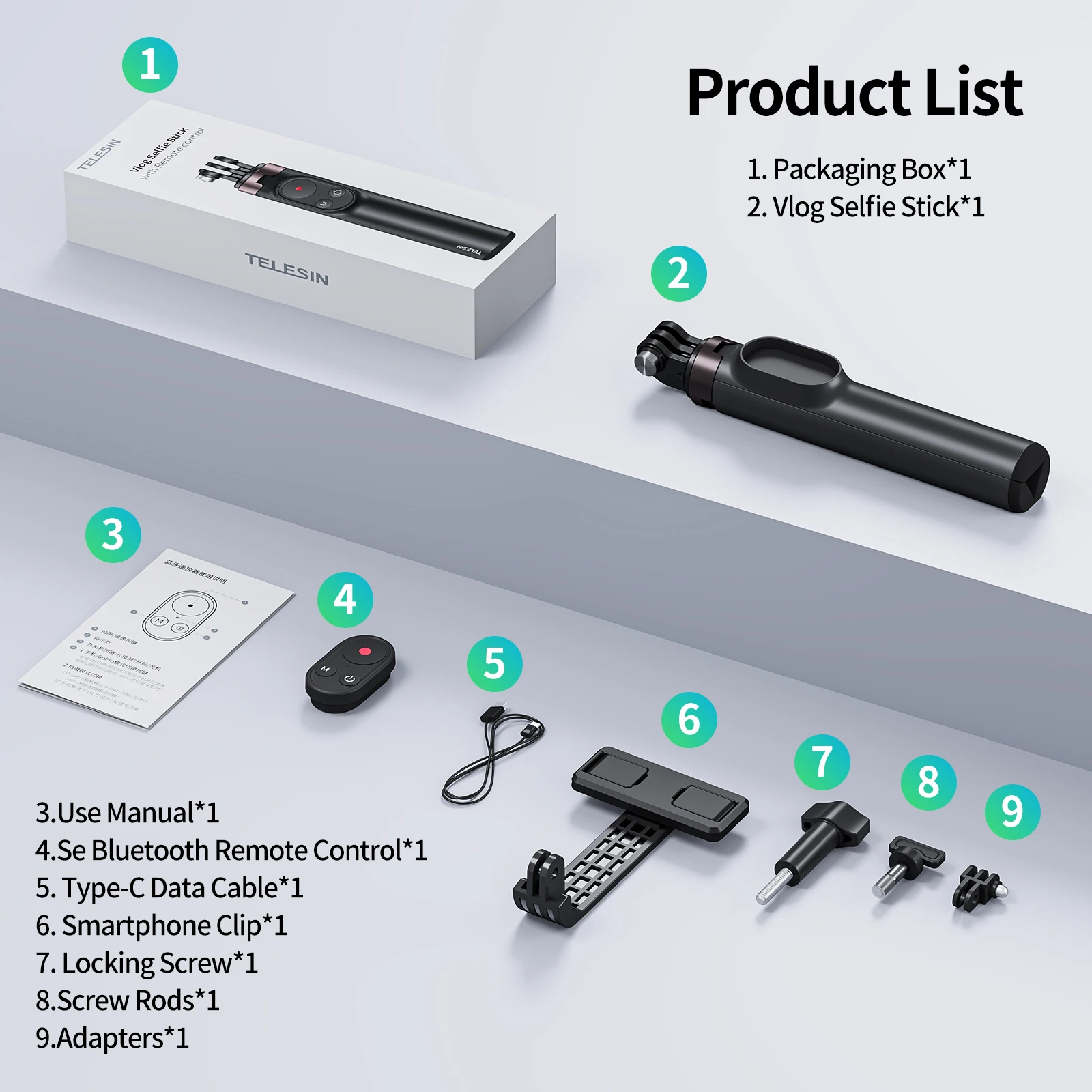 TELESIN 60CM Wireless Bluetooth Remote Control Vlog Selfie Stick Tripod Mount Black for GoPro 13 12 11 10 9 8 Camera Smart Phone
