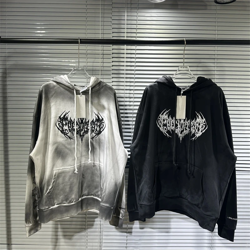 

High Street Trendy Autumn Spring Washed Old Dirty Dye Destruction Embroidery Sanskrit Project Hooded Sweatshirt For Men Women