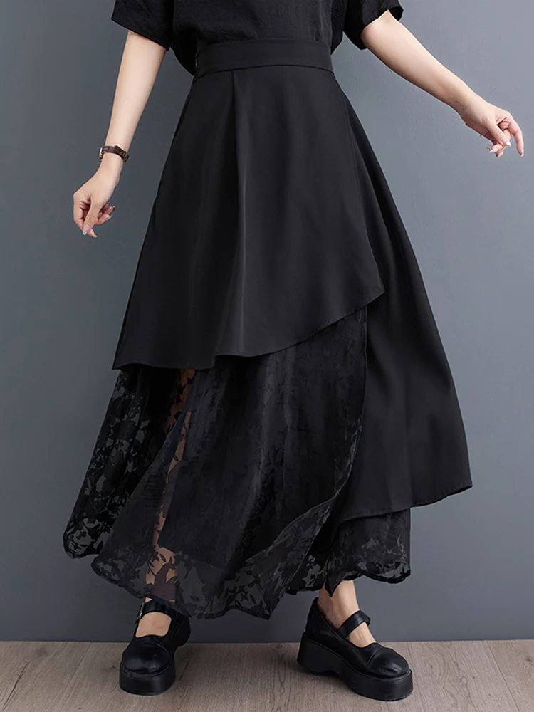 

Lace Patchwork High Waist Irregular Skirt Women Fashion Personality Loose Casual Black Vintage Long Skirts Clothes Summer 2023