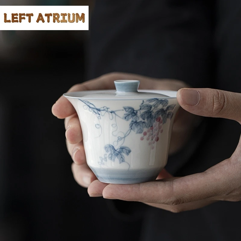 

Ручная роспись виноградной лозы Gaiwan для чая, фарфоровый набор чайной посуды, белая китайская чайная чаша, чайная чашка Chawan