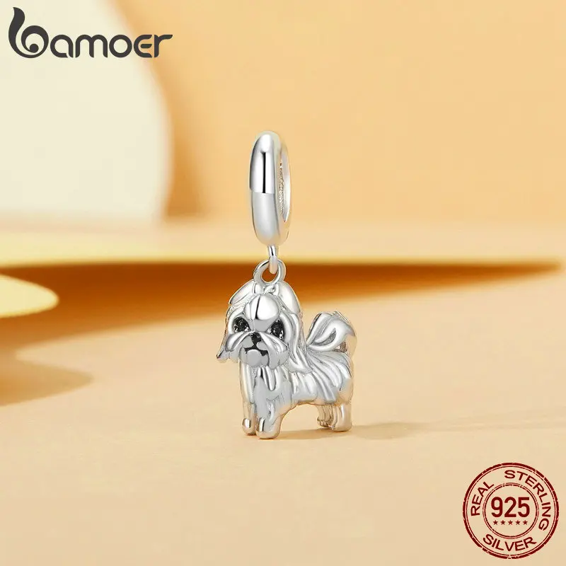 BAMOER Gold Plated Pet Dog Charm Beads for Charm Bracelet, Genuine 925 Sterling Silver Border Collie Dachshund Schnauzer Pendant